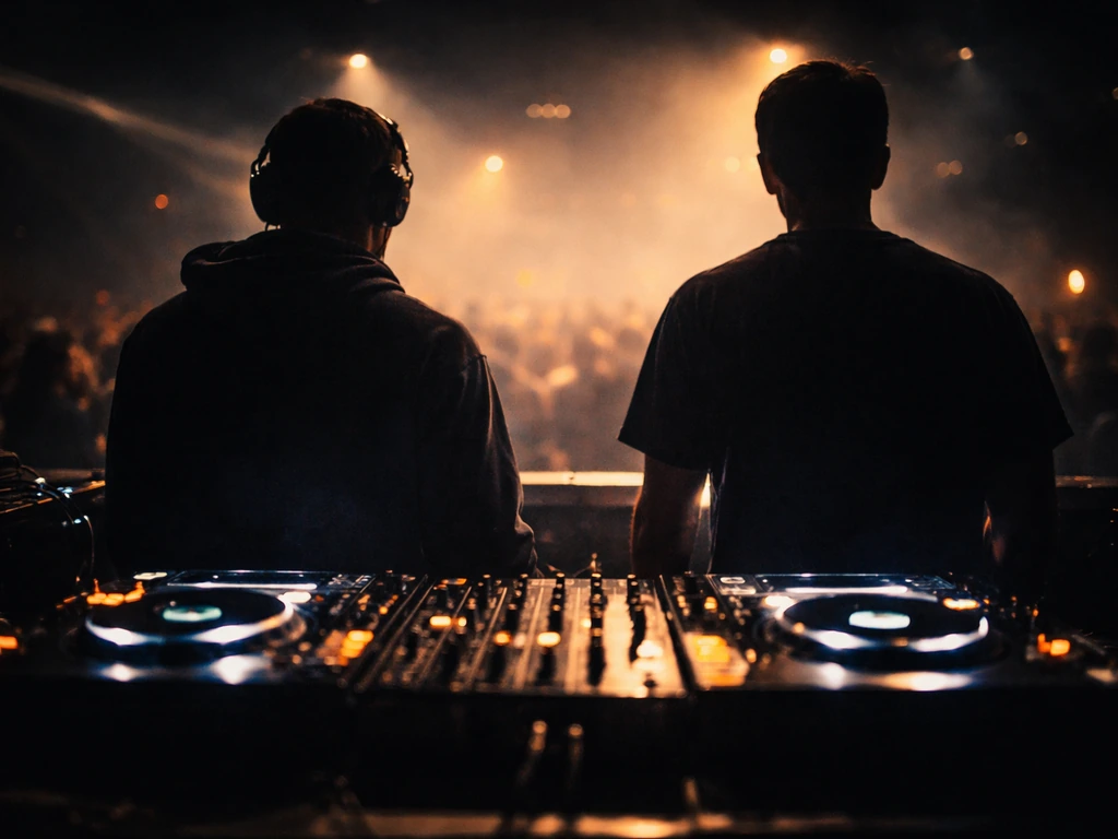Anonymous DJ silhouettes behind a glowing stage booth, moody concert lighting symbolizing fame and wealth.