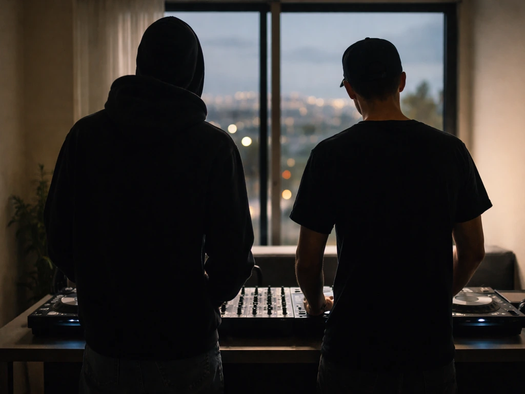 Minimal split-style studio scene with two anonymous silhouettes behind DJ gear, implying a two-person duo.
