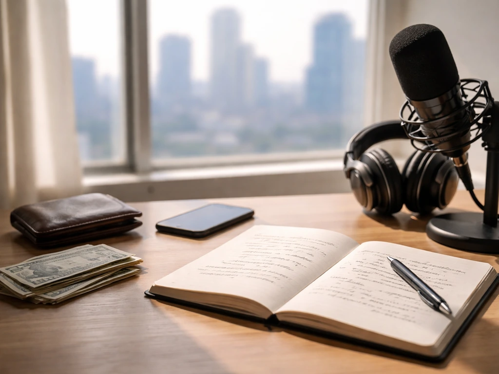 Minimal desk scene with wallet, cash-like bills, headphones and microphone suggesting credible net worth inputs