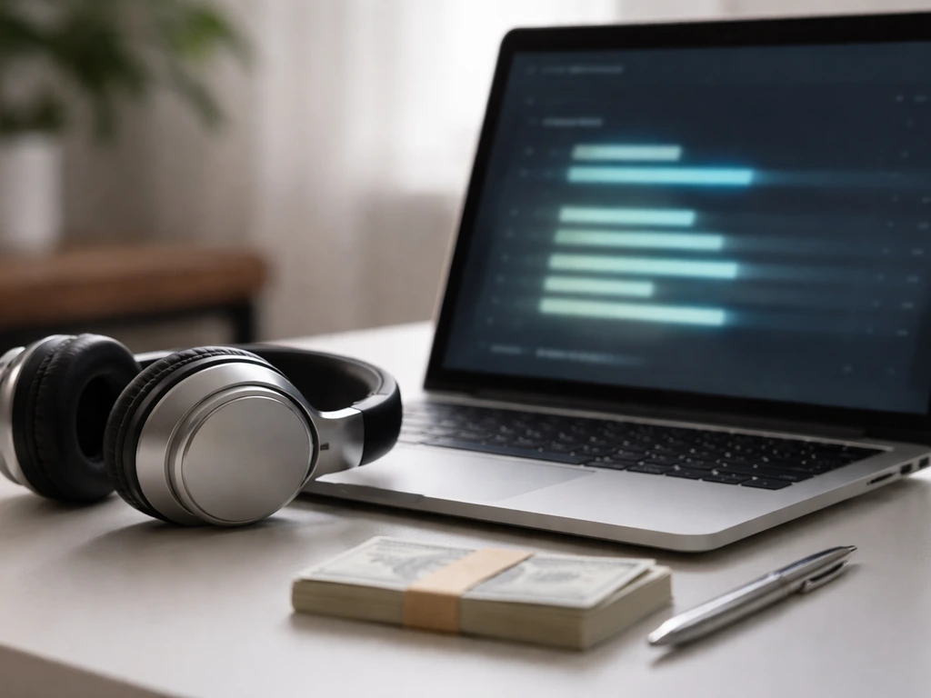 Headphones and a laptop displaying anonymous streaming analytics with royalty-style bars in a minimal workspace.