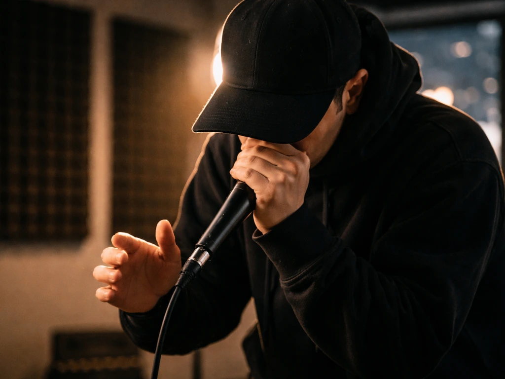 Anonymous beatbox performer at a microphone in a studio, lit warmly with a moody creator-stage background.