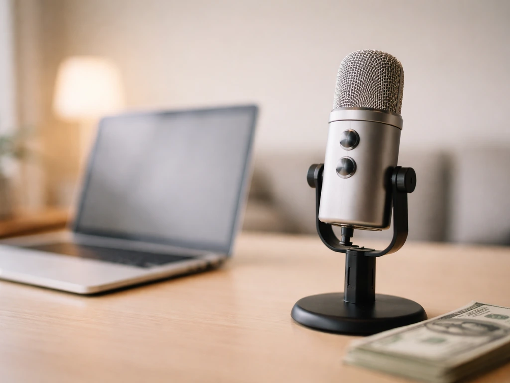 Minimal photo of a creator-style studio desk with a microphone and laptop, symbolizing net worth and verification.