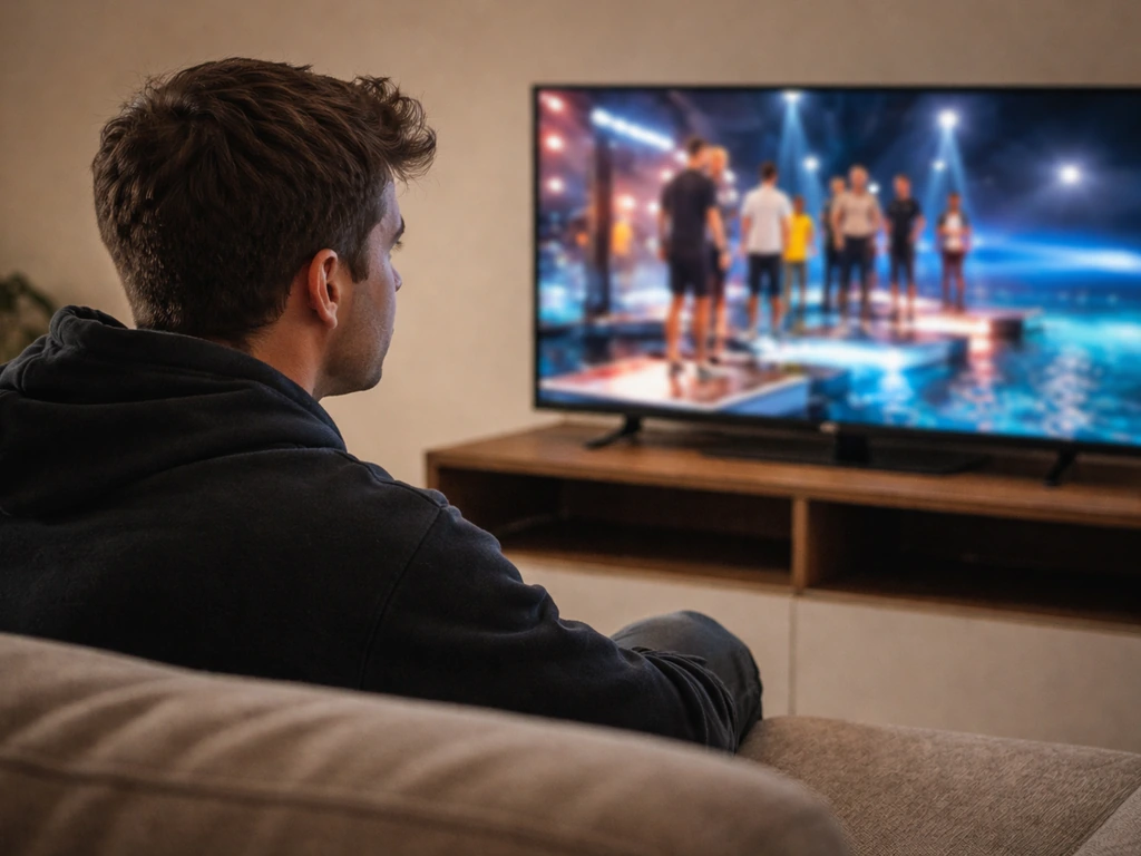 Anonymous man in a simple living-room setup with a TV showing a generic reality show scene