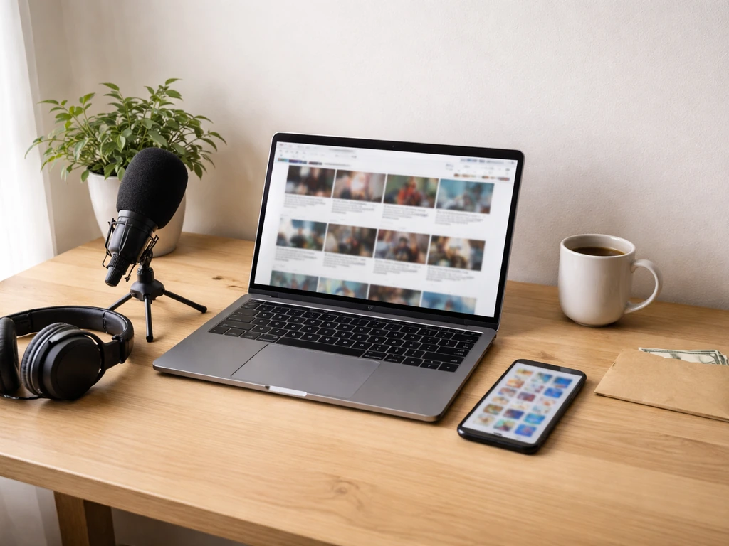 Minimal desk setup showing multiple income stream symbols: laptop, headphones, mic, phone, and cash envelope