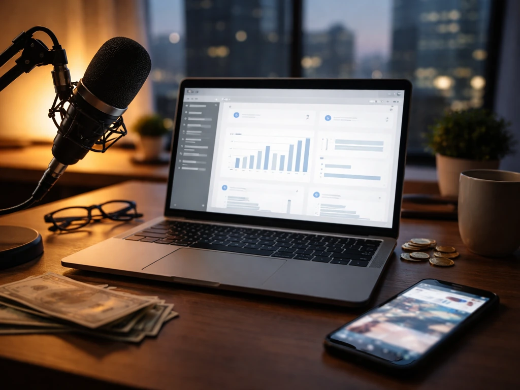 Laptop with generic video analytics and a studio microphone on a finance creator desk, minimal workspace.