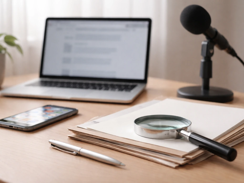 Minimal desk scene with documents, a smartphone, and a laptop showing public online media verification cues