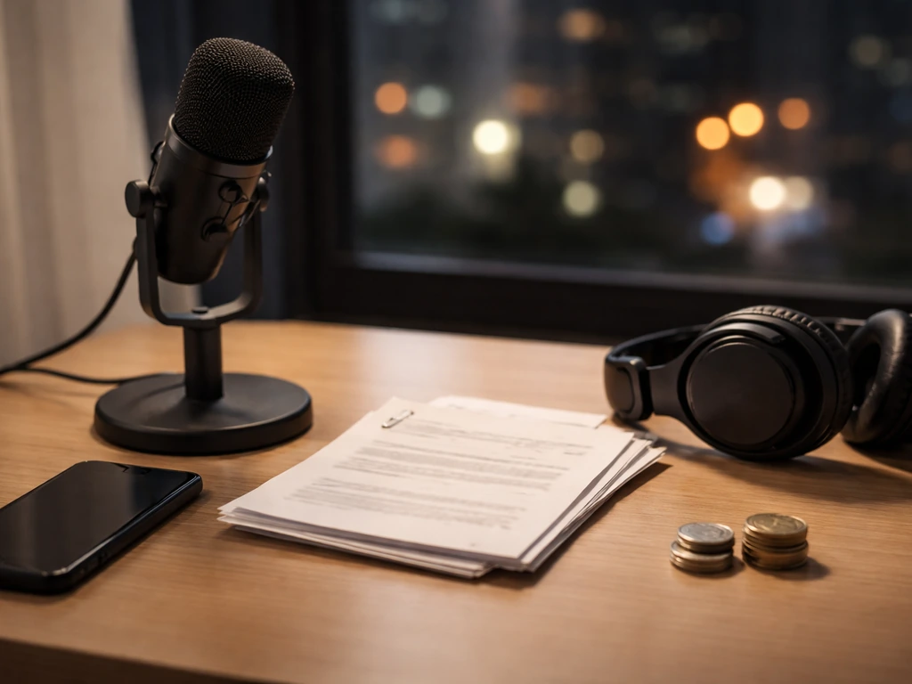 Minimal desk with microphone, phone, headphones, coins, and blank papers symbolizing creator net worth estimation