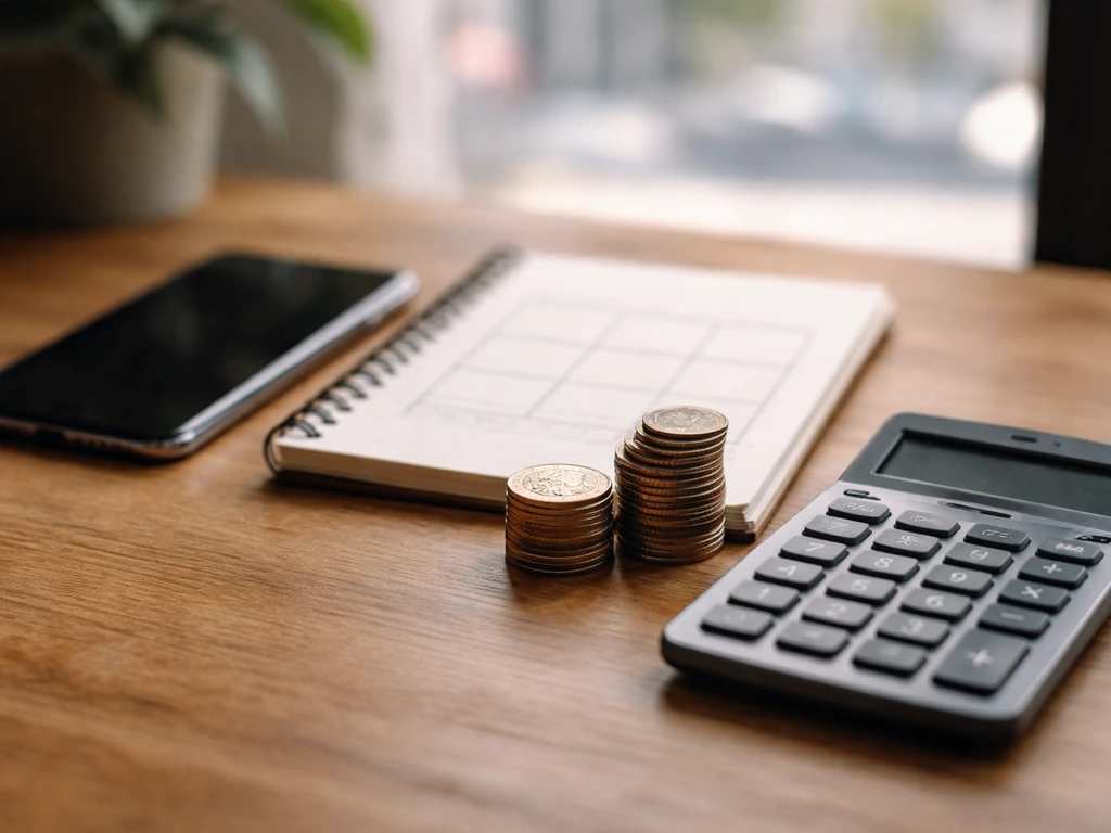 Close-up of coins, a calculator, and a smartphone on a studio desk suggesting ad revenue modeling from views.