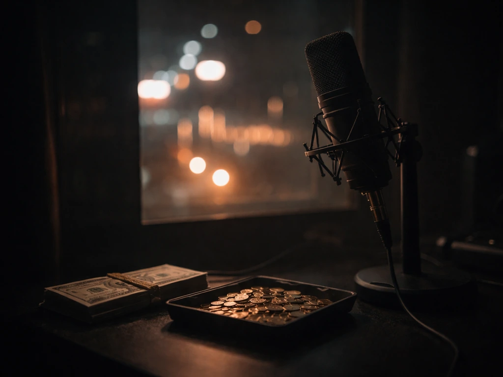 Moody studio scene with a microphone, scattered gold coins, and cash under neon city glow, no people