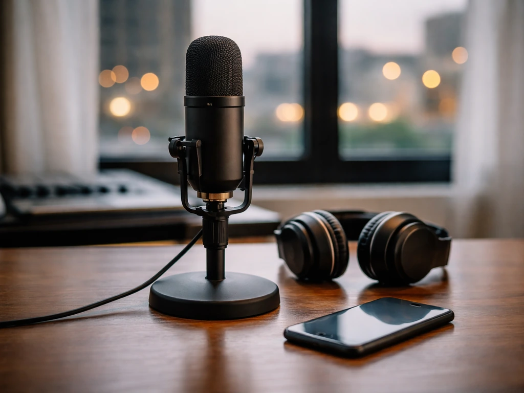 Minimal studio scene symbolizing clearing a rapper’s identity, with a mic, headphones, and blurred city lights