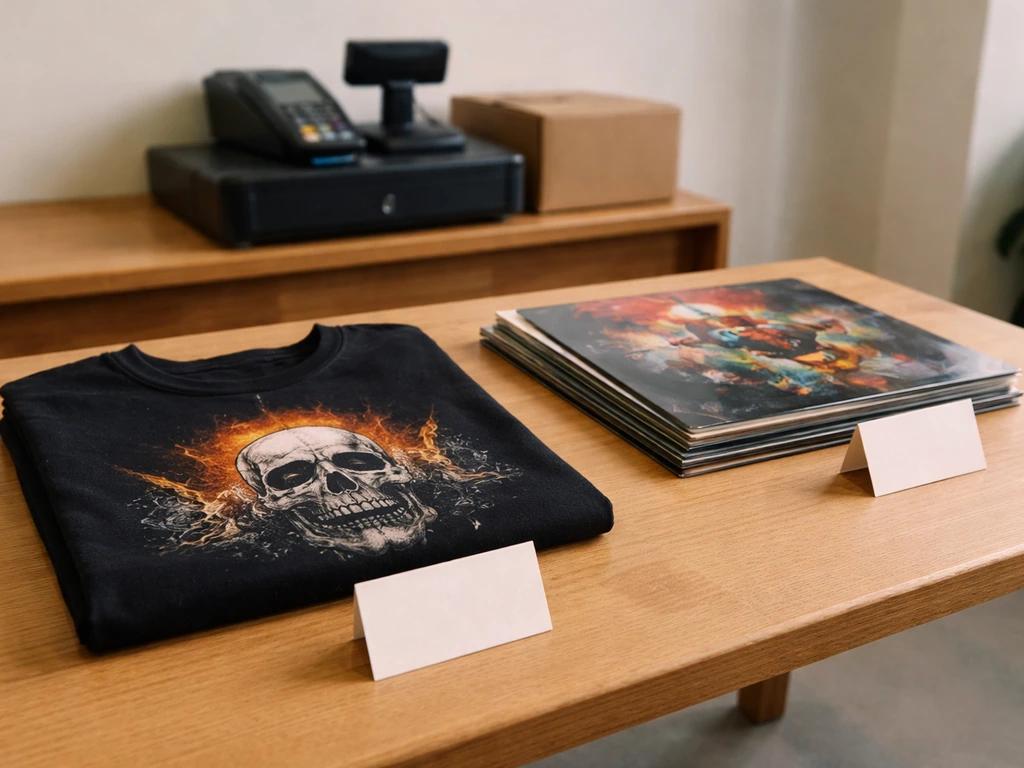 Minimal tabletop mock of apparel and vinyl with price tags and a cash register, suggesting merch sales flow.