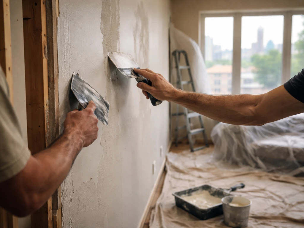 Anonymous workers repair and smooth a living-room wall during a Chicago home renovation.