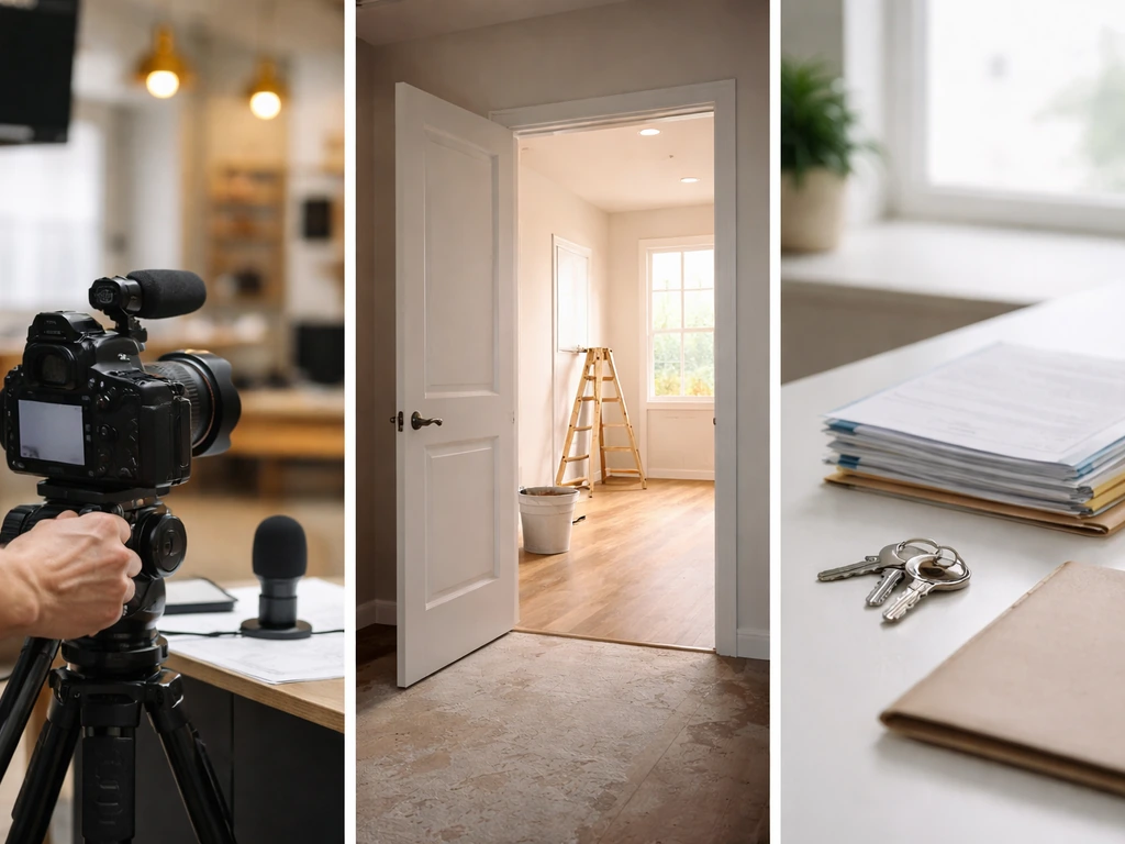 Three-panel image suggesting TV hosting, home flips, and licensing with studio mic, renovation room, and keys.