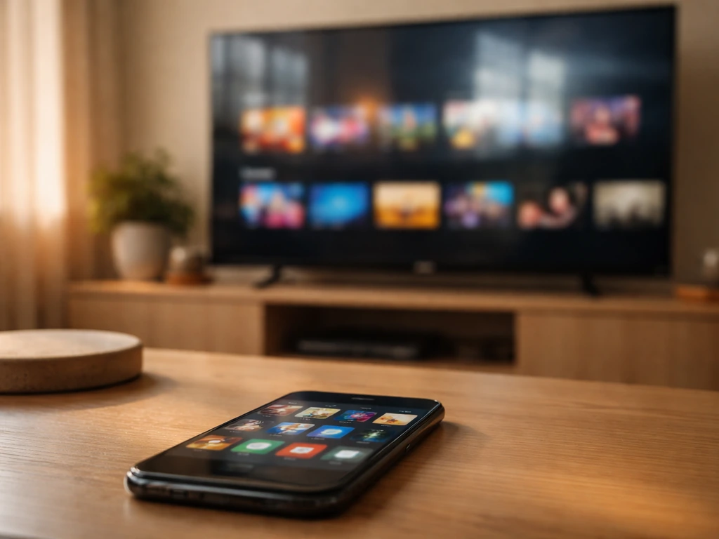 Warm living-room scene with a TV and smartphone suggesting a streaming subscription, no readable text.