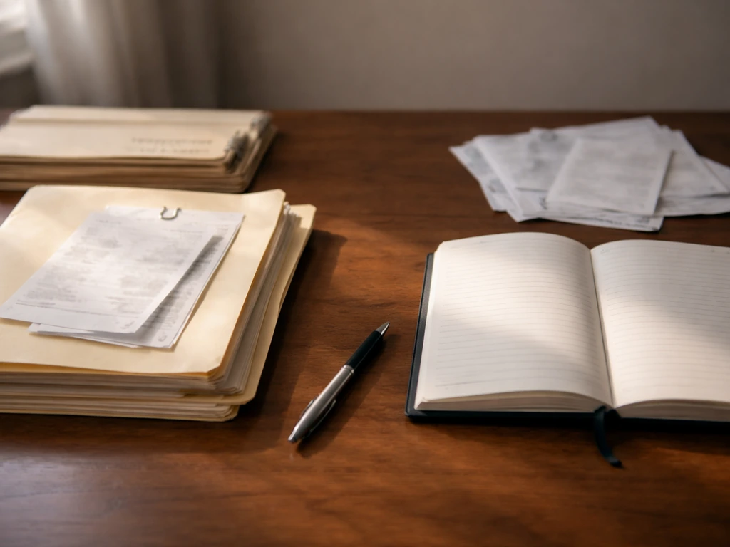 Desk scene with blank real-estate documents beside a ledger and bills, symbolizing assets vs liabilities.