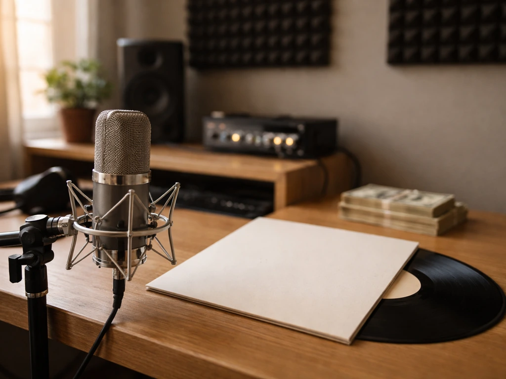 Minimal recording studio scene with a microphone and subtle wealth props, no people or text.