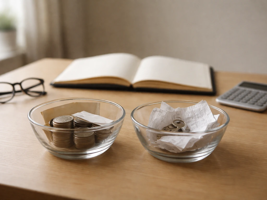Minimal desk scene with an open ledger and objects symbolizing assets and liabilities.