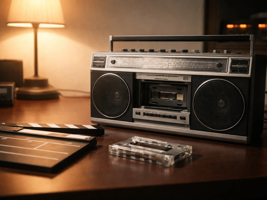 Vintage boombox on a studio desk with a cassette and clapperboard, hinting late-80s radio and film era.