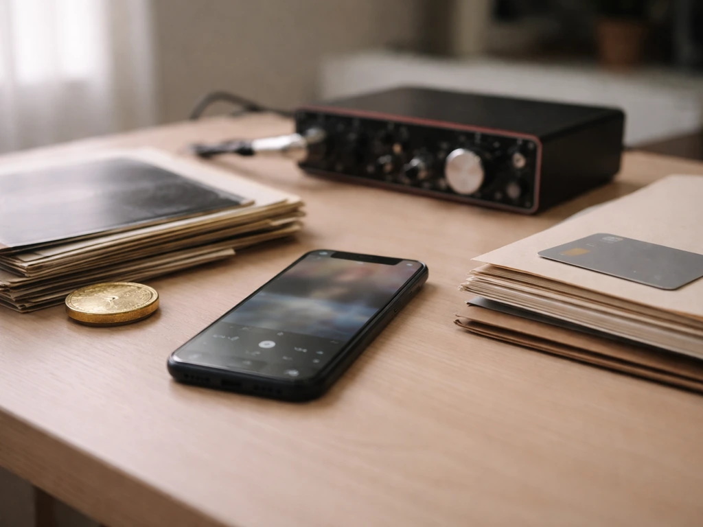 Minimal desk scene with vinyl records, an audio interface, and a blurred streaming-style phone display.