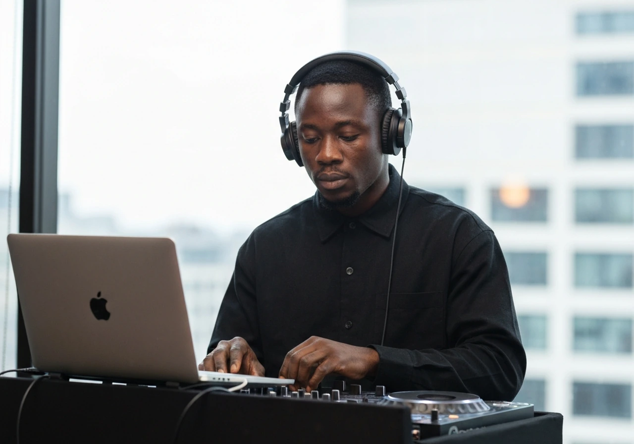 A Nigerian male DJ in a simple studio setup with headphones, lit by natural window light.