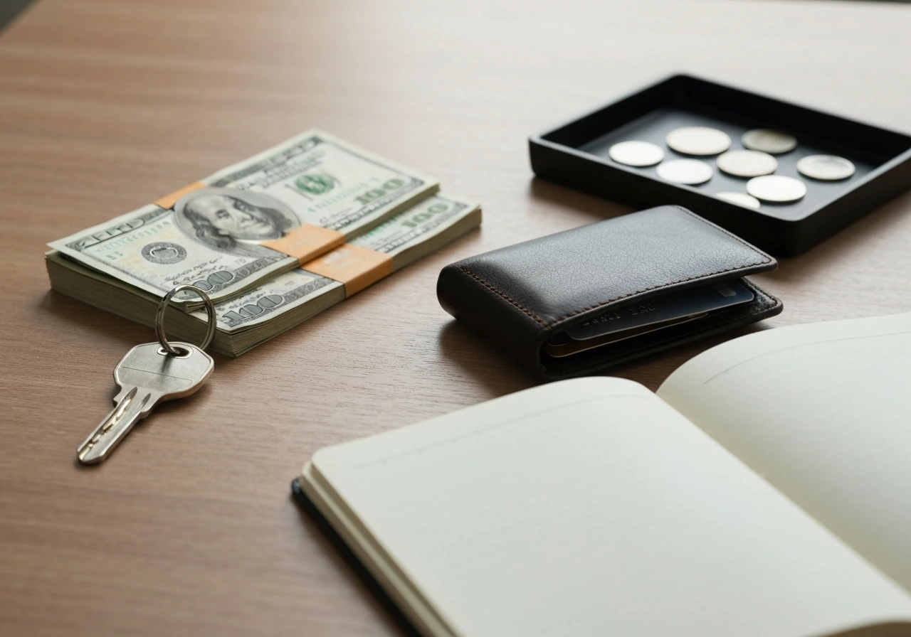 Minimal desk scene with scattered cash, house key, and a small ledger beside an open wallet and credit card