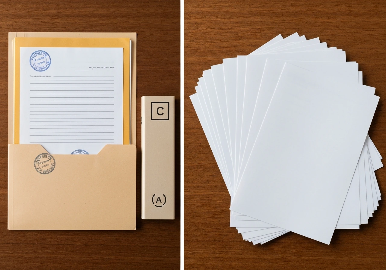 Minimal desk scene showing two folders: one with stamped documents and one with blank unsourced cards