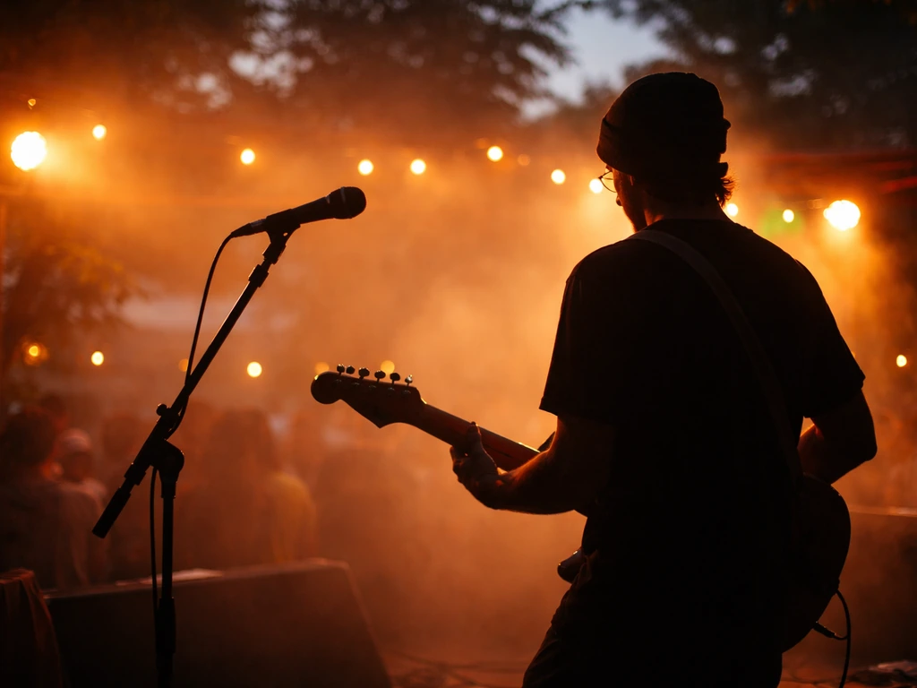 Reggae band performing in a small outdoor venue at dusk with stage lights, conveying music and earnings context