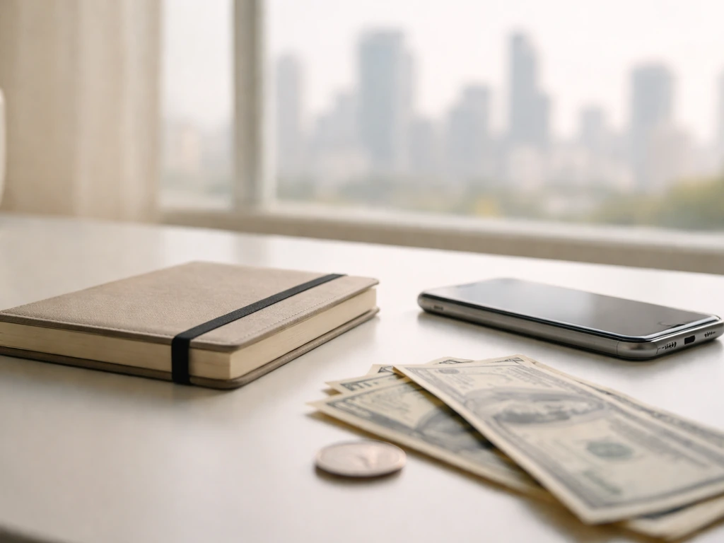 Minimal desk scene with banknotes, coin, and city view symbolizing a net worth estimate and range