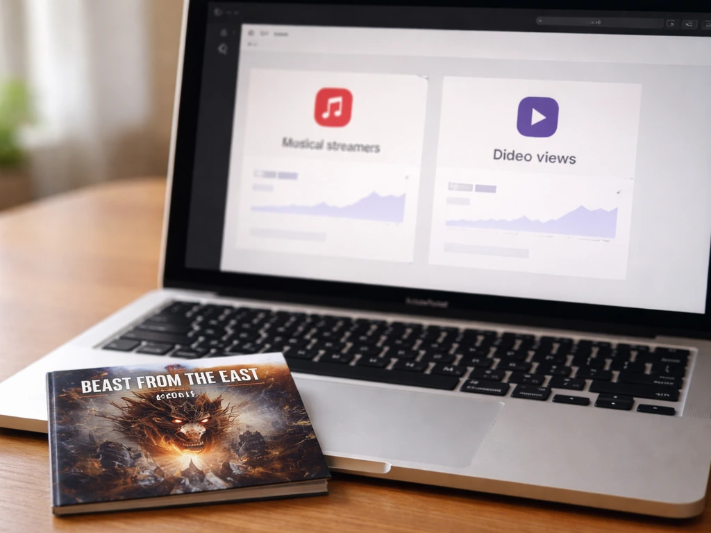 Close-up of a laptop showing streaming tiles beside an album cover thumbnail labeled Beast From The East (2018).