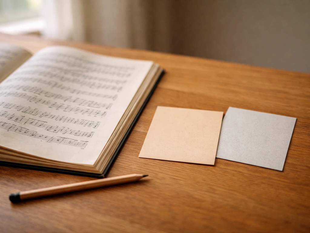 Close-up of an open music score on a desk with a simple split-style royalty note beside it