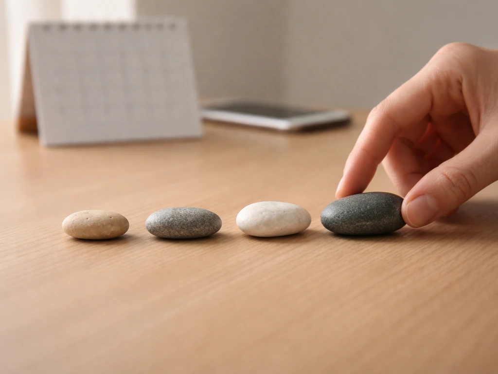 Minimal photo of a desk with four stone timeline markers laid in order, evoking gradual wealth building