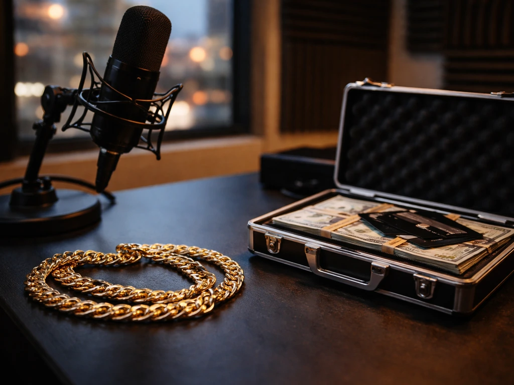 Anonymous hip-hop studio desk with a gold chain, microphone, and cash accessories in soft city light.