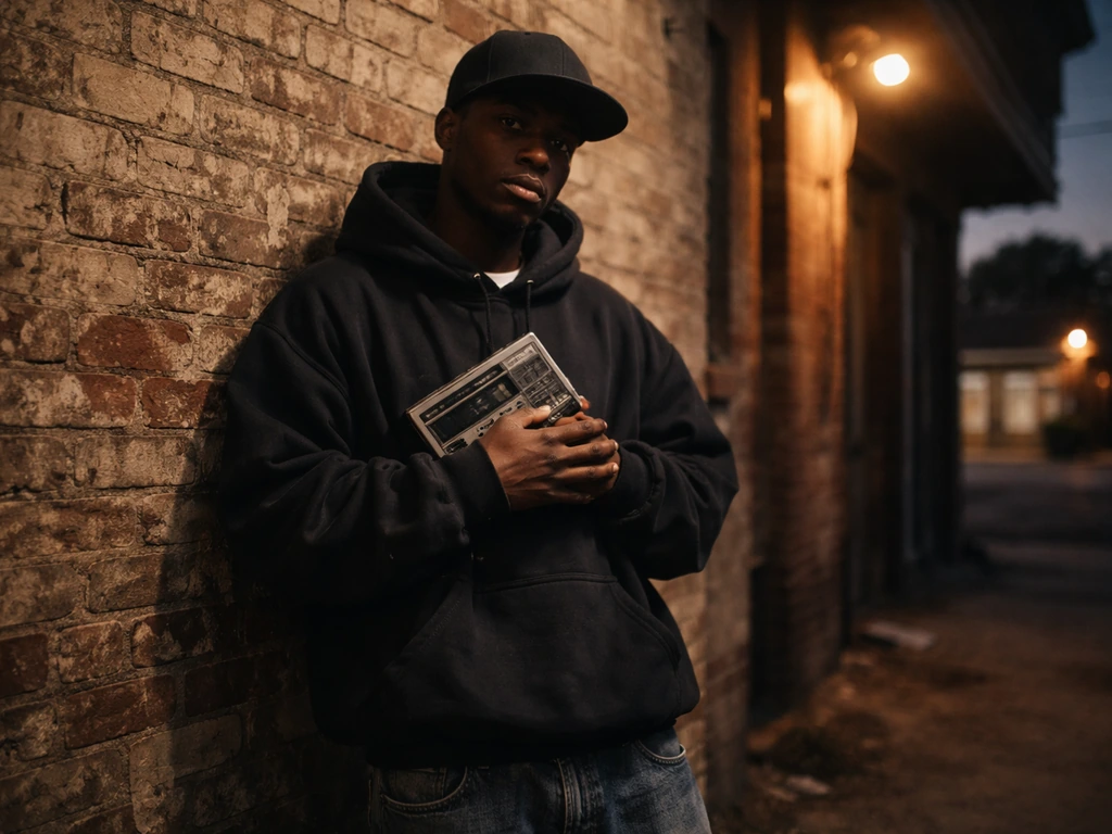 Anonymous rapper figure in a dim Houston street scene holding a vintage cassette recorder.