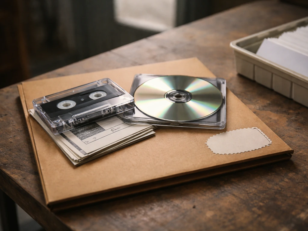 Close-up of a cassette, CD, and mailer envelope with blank liner-note papers on a wooden table.