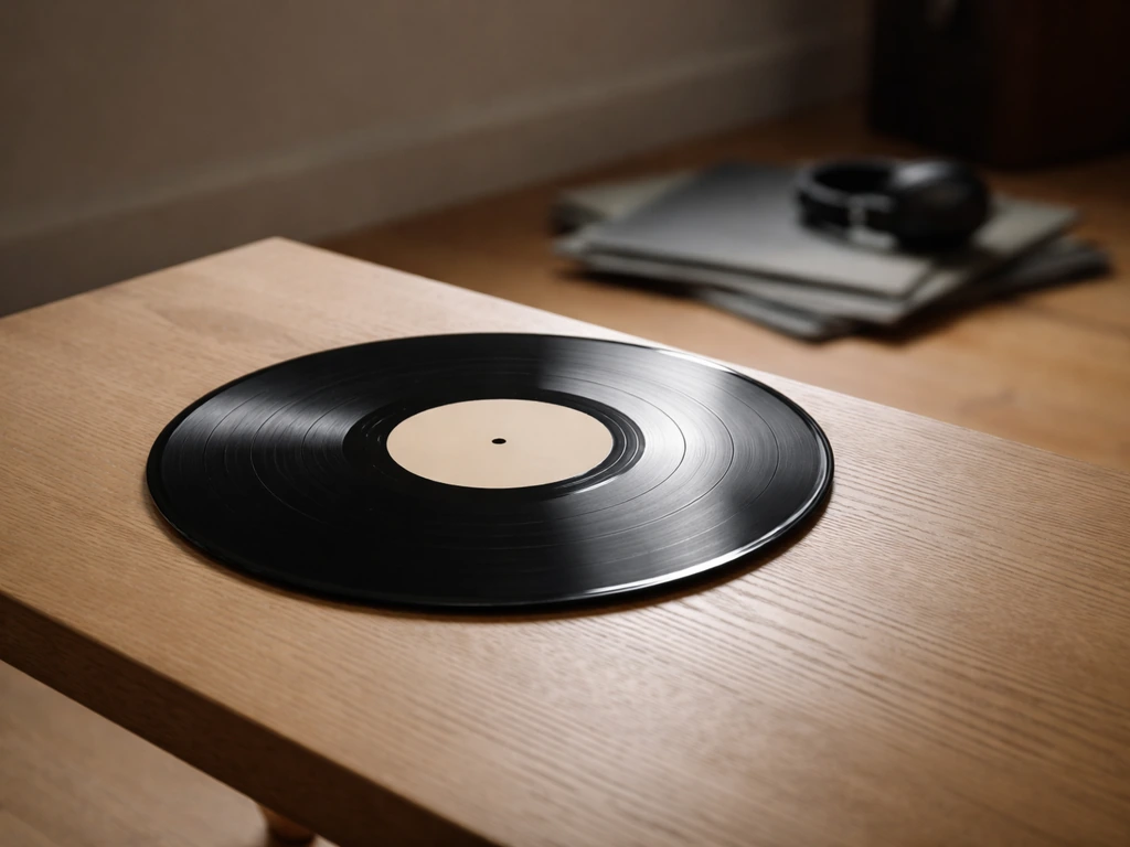 Vinyl record on a small table with a focused spotlight, suggesting credited rap collaborations