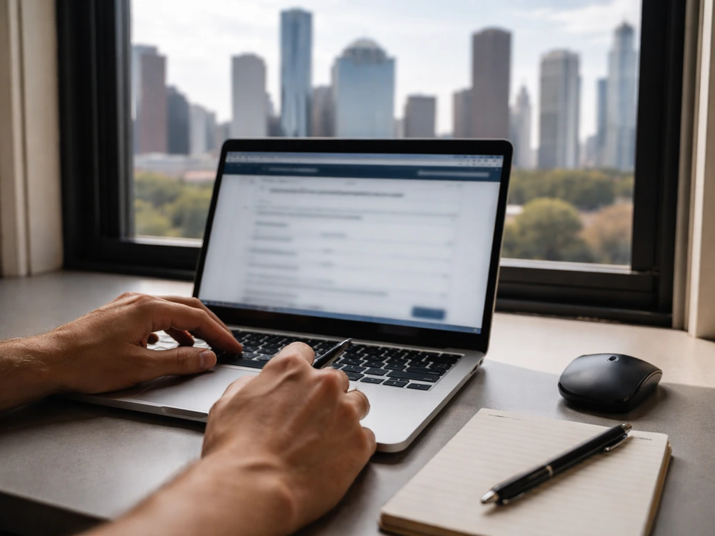 Person reviewing Houston property records on a laptop with a blurred city view outside the window