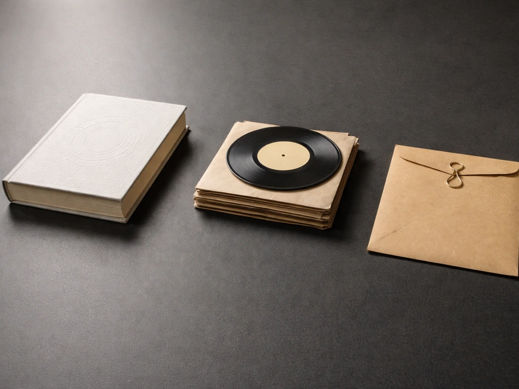 Minimal photo-style scene showing music income streams with symbolic objects for royalties, publishing, and advances.