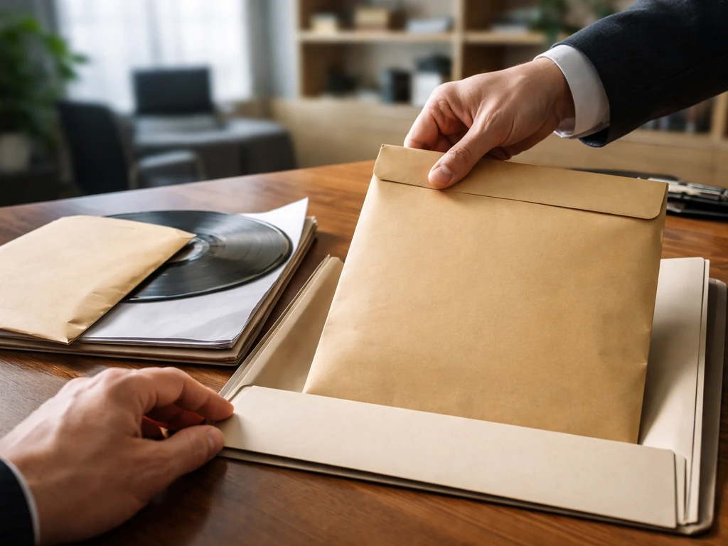 Minimal close-up of a hand sliding a record contract envelope into a folder beside a cash envelope, symbolizing advances