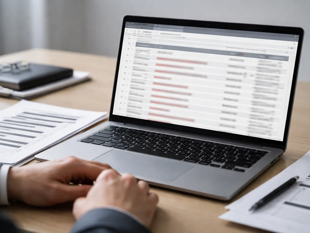 Close photo of a laptop showing a blurred court-docket style page and legal papers for primary source verification.