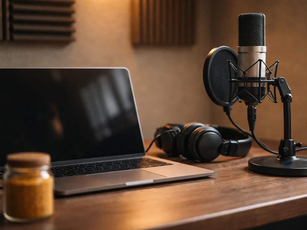 Reggae studio desk with microphone and headphones, plus a jar of yellow spices in soft focus.