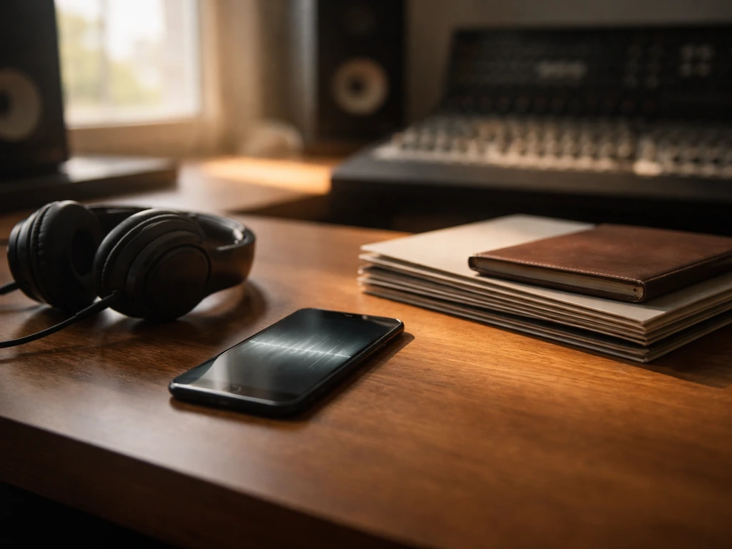 Minimal recording studio desk with headphones and vinyl, symbolizing a current music brand era and net-worth context.