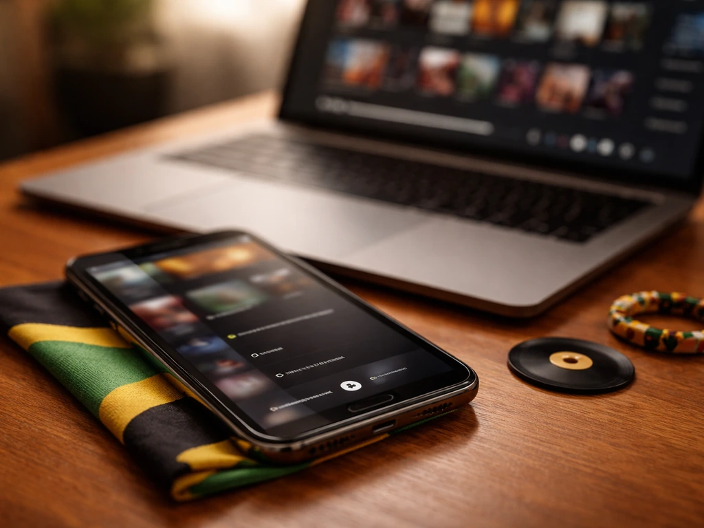 Close-up of a smartphone showing a music streaming app screen beside an open laptop, with a Jamaican vibe