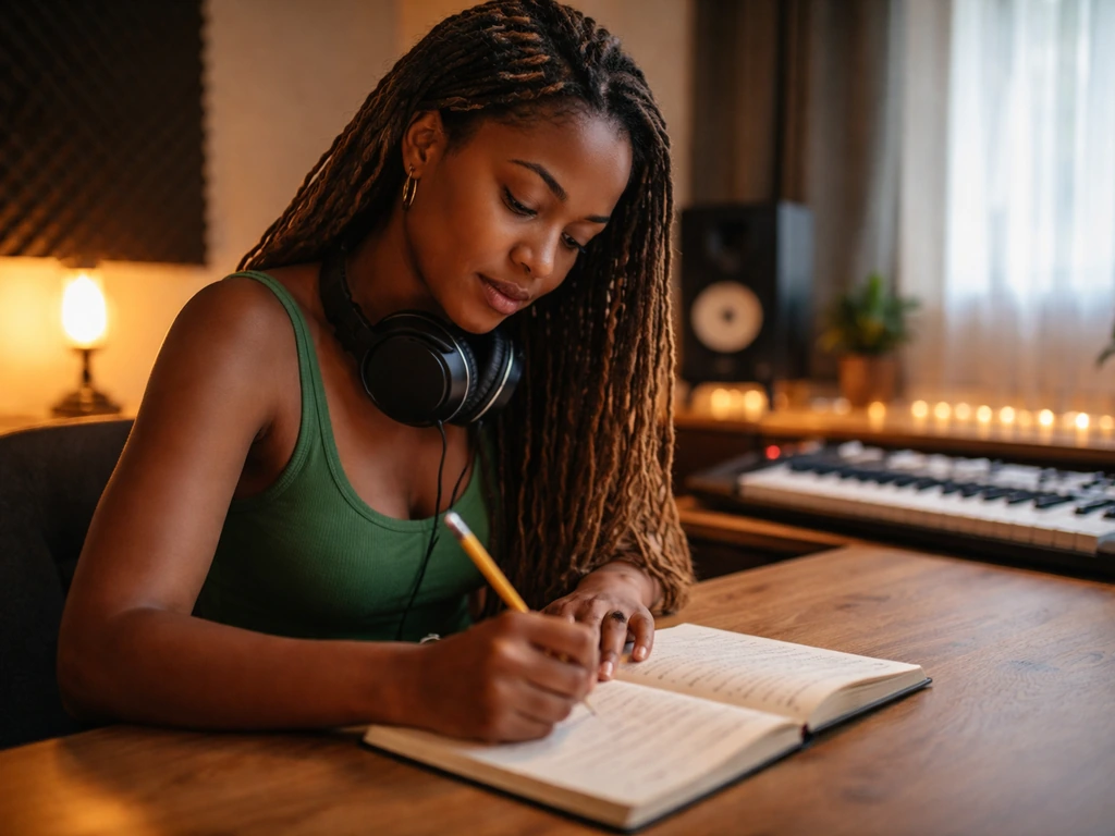 A focused woman songwriter writes lyrics at a simple studio desk with headphones and a keyboard nearby.