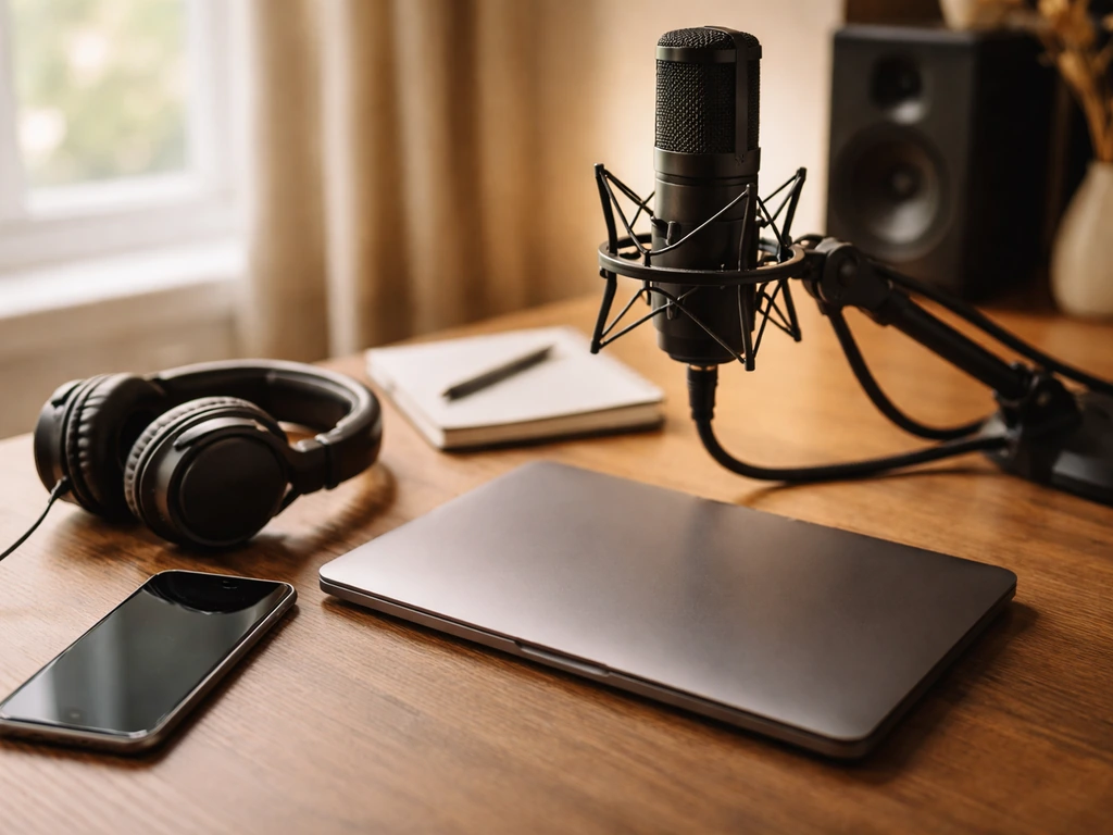 Minimal studio desk with microphone, headphones, and phone implying an artist’s public profile without showing any perso
