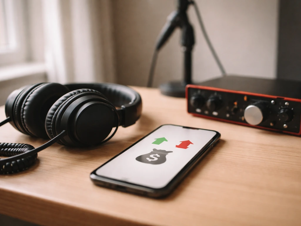 Minimal photo of a music studio desk with headphones and a smartphone showing earnings-style icons, no text.