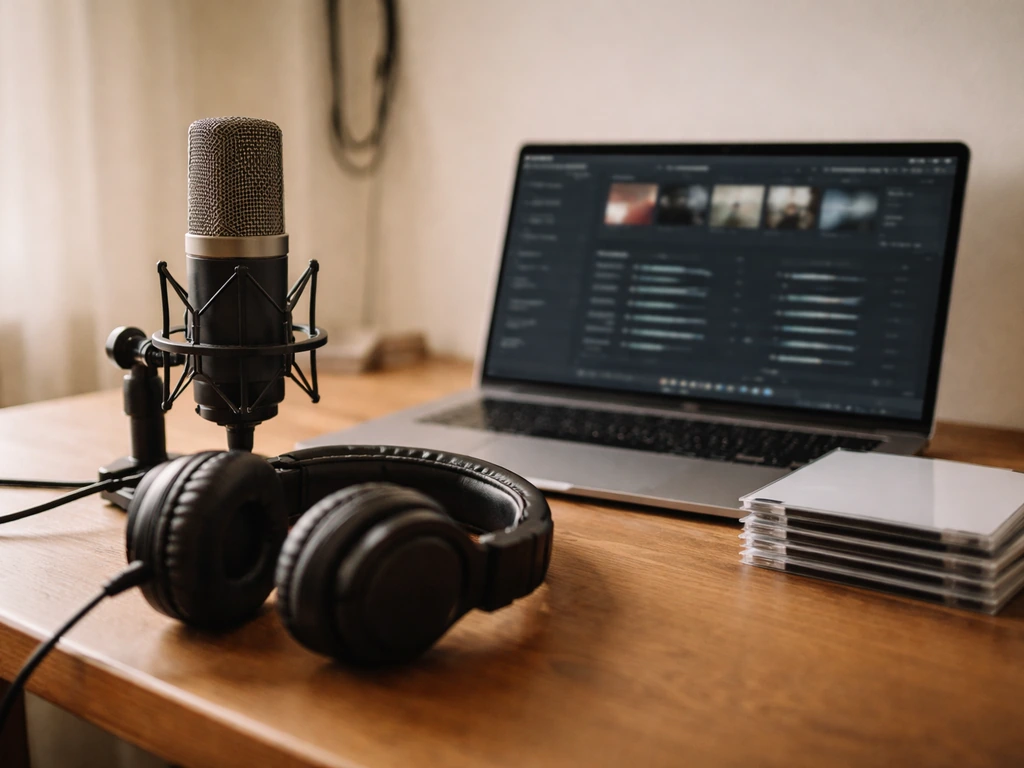 Minimal studio scene with headphones and a laptop showing an unidentifiable music library, symbolizing career milestones
