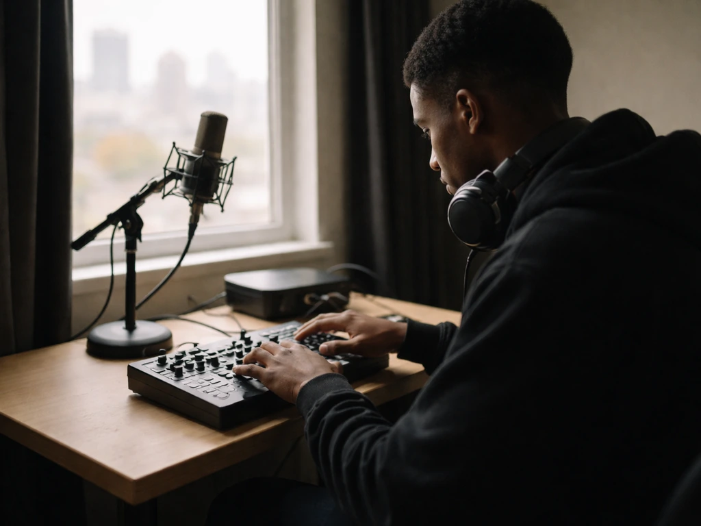 Anonymous music producer in a simple home studio, hands on MIDI controller, city light through window
