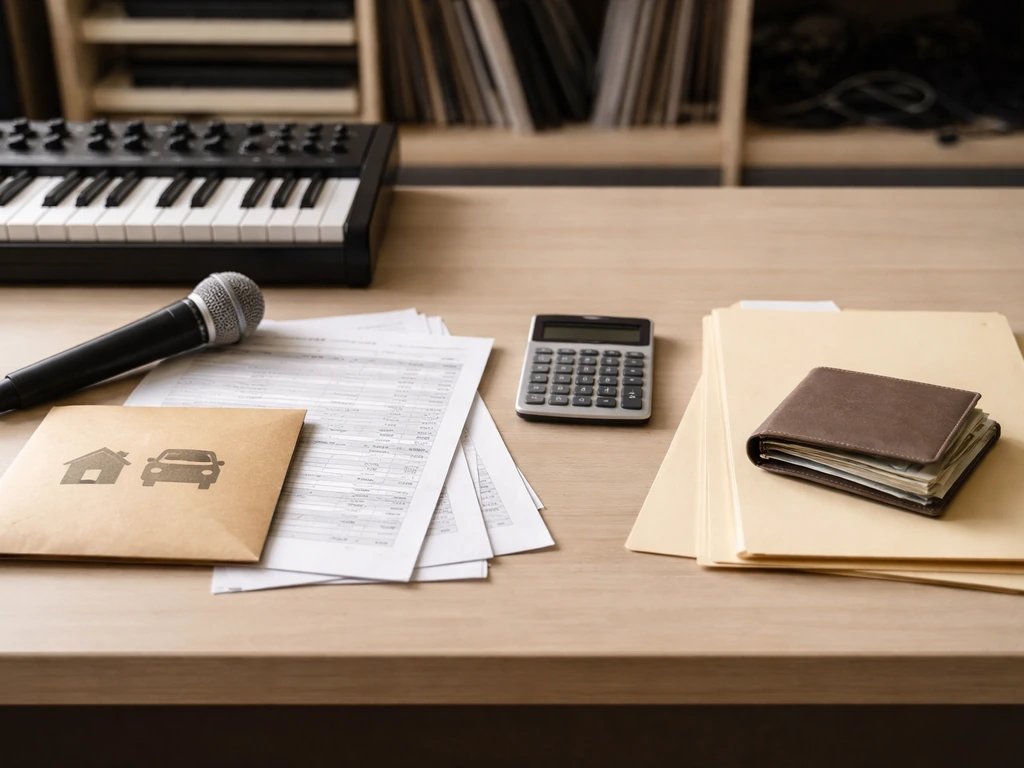 Minimal studio desk with royalty statements, wallet, and calculator suggesting assets and liabilities.