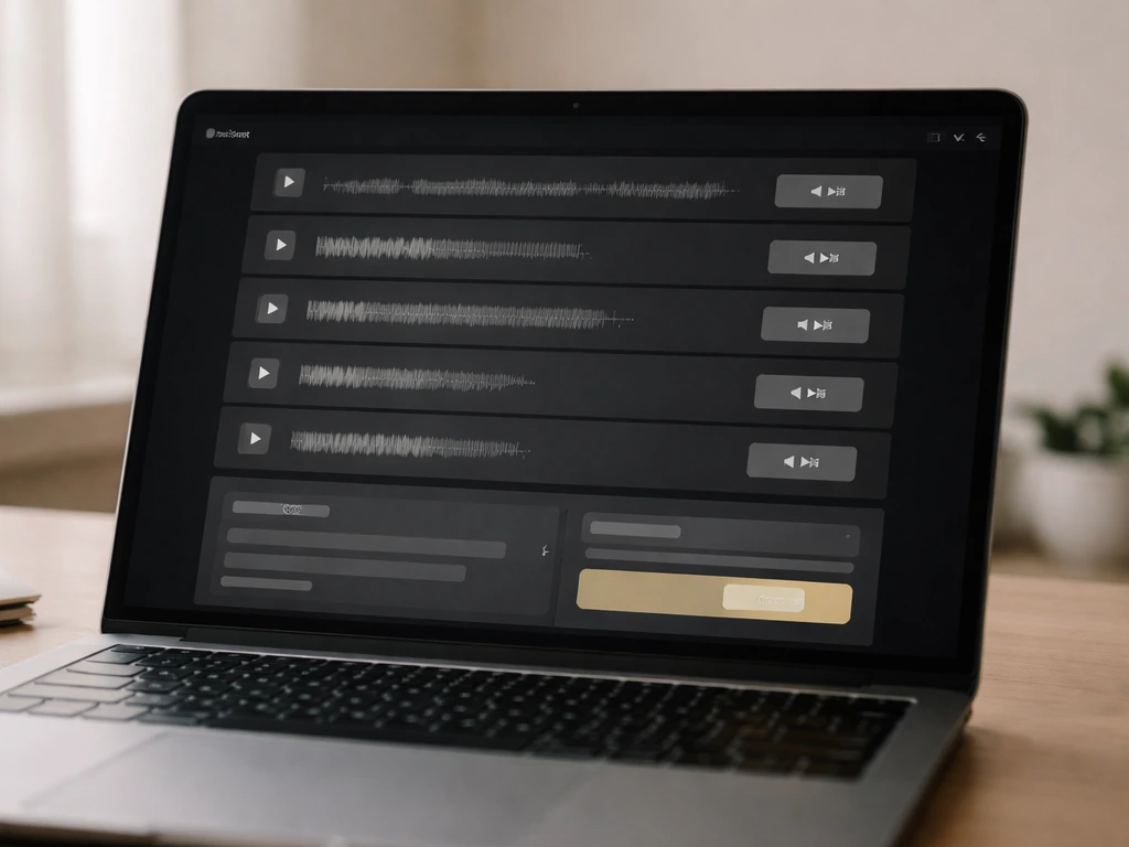 Minimal online beat store licensing flow screen mock, showing beat listings with prices and a checkout-style panel.