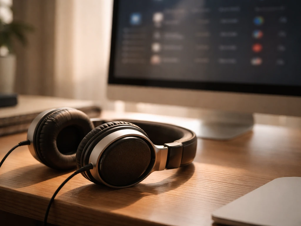 Headphones on a desk beside a blurred dashboard-style screen suggesting streaming royalties